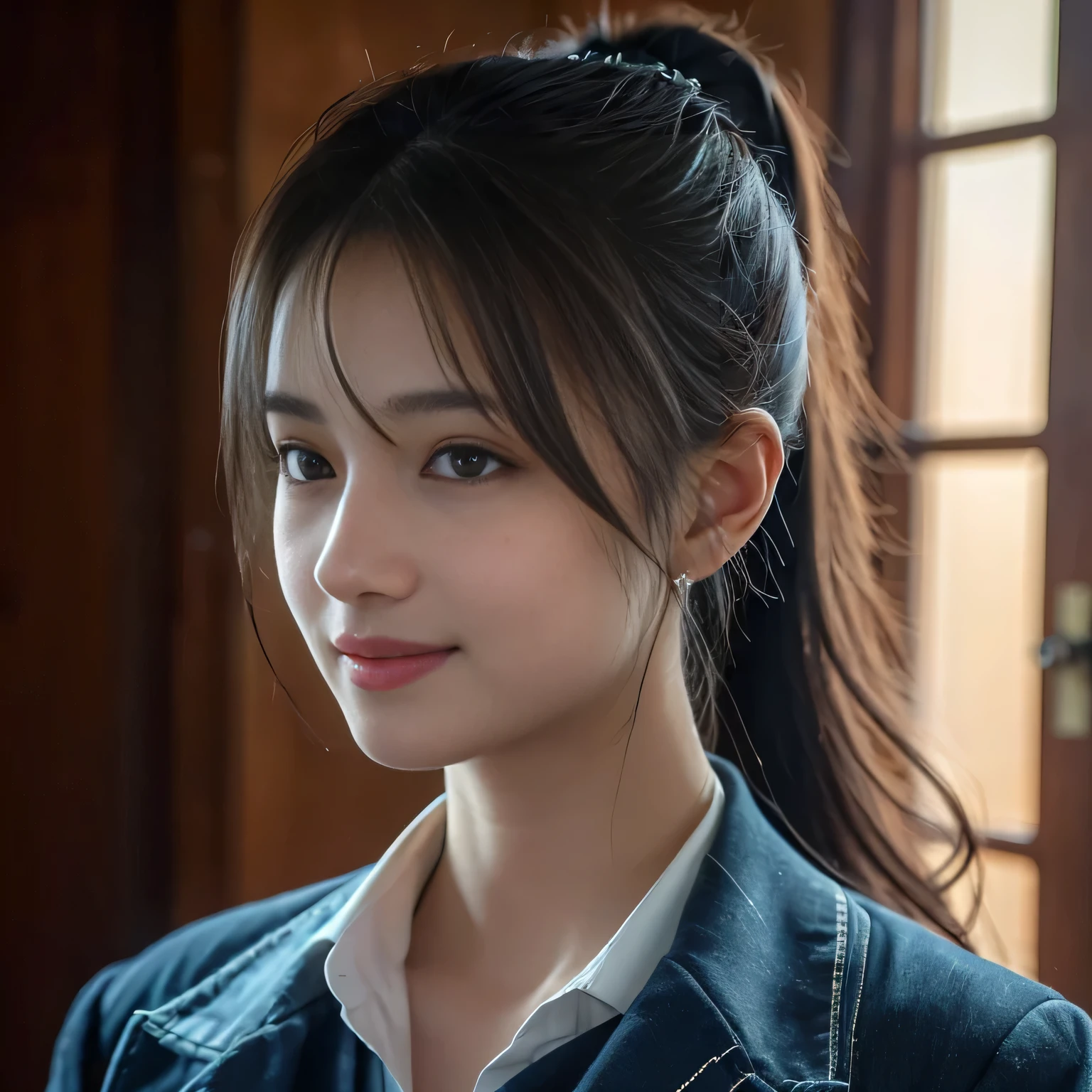 1 person, Beautiful Japanese actresses, (ponytail:1.3),(RAW Photos, Highest quality), (Realistic, Photorealistic:1.4), masterpiece, Very delicate and beautiful, Very detailed, 8k wallpaper, wonderful, finely, Very detailed CG Unity 8k 壁紙, Very detailedな, High resolution, Soft Light, Beautiful detailed, Very detailed目と顔, Beautiful and detailed nose, Beautiful and detailed, Cinema Lighting, Perfect Anatomy, Slender body, smile, Face the front completely, Looking at the camera,Highest quality, Face Focus, Soft Light, 超High resolution, (Realistic:1.4), RAW Photos, 1 Japanese person, alone, cute, (Dark Eyes, light in your eyes), Beautiful face in every detail, (Small Box),(High resolution detail of human skin texture), (Medium-long hair),In the classroom , Wearing a high school uniform, (Portraiture), smile, Upper body from the waist up, smile