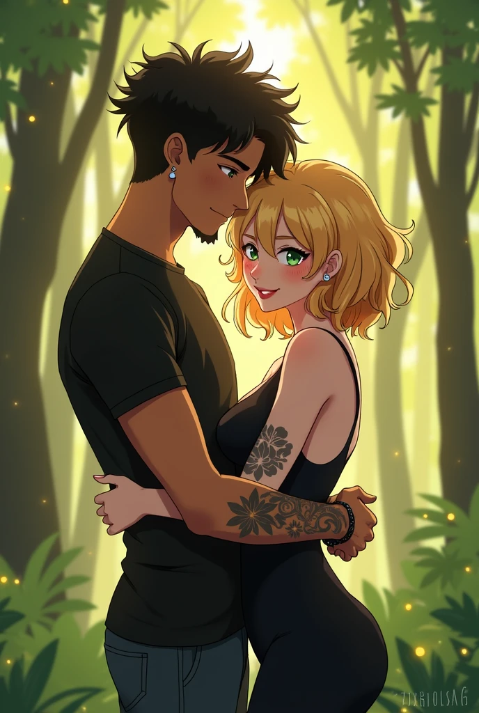 (best qualityer), anime illustration, couple, 1 male 1 female, young man 24 years old, young woman 22 years old, light skinned woman, she has medium blonde hair, She has medium length hair with small waves, She has big green eyes, Curvy Body, tanned skin man, man with black curly hair, he has a shaved haircut on the sides and bangs above his eyes, He has brown eyes, he has a short beard on his chin, He has a piercing on the left side of his mouth and on his left eyebrow, gazing at viewer, Warm and romantic, she wears all black clothes, he wears a black turtleneck shirt with a charcoal gray denim jacket and black pants, Romantic forest
