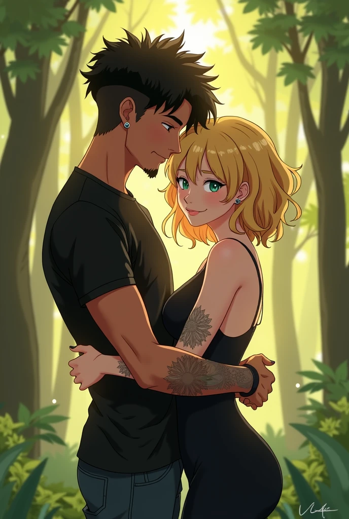 (best qualityer), anime illustration, couple, 1 male 1 female, young man 24 years old, young woman 22 years old, light skinned woman, she has medium blonde hair, She has medium length hair with small waves, She has big green eyes, Curvy Body, tanned skin man, man with black curly hair, he has a shaved haircut on the sides and bangs above his eyes, He has brown eyes, he has a short beard on his chin, He has a piercing on the left side of his mouth and on his left eyebrow, gazing at viewer, Warm and romantic, she wears all black clothes, he wears a black turtleneck shirt with a charcoal gray denim jacket and black pants, Romantic forest