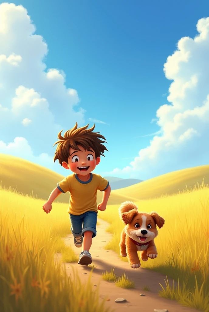 "A joyful , Ali, with a big smile on his face, runs through an open field. His small, fluffy dog, Bruno, races beside him, tail wagging with excitement. The field is filled with tall grass, and in the background, you can see distant hills and a clear blue sky."
