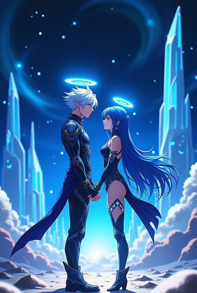 I want a picture of a man and a woman in an anime with a halo like a bluearchive game. The halos have different shapes and they have a futuristic theme. They live on the moon with a futuristic empire.