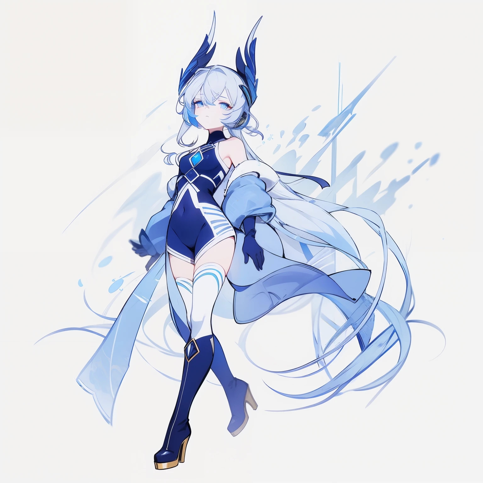 1 Girl，Metallic white and blue aviator suit, black, Tight clothing, Clothing that covers the entire body, beauty, slim, Exoskeleton, Knee-high boots, Actress, Supine, Open your thighs to the left and right, Arm-length gloves, earphone)
