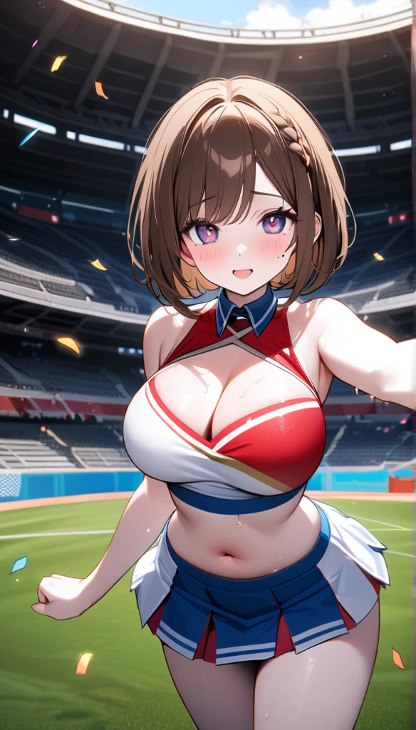 (1 person),(Best image quality, 8k, masterpiece:1.3),((Brown hair bob cut:1.1)),(Swept-apart bangs,), (Cute eyes, Dark Eyes), (Mole under right eye), (thin), (Large Breasts),(Glowing Skin:1.1),(Pale skin:1.2),(Fantasyな雰囲気),(look up),Ultra-high resolution, Textured skin, Sparkle Effect, Gazing at the audience,Fantasy,Big glitter eyes,
Lace panties,Cheerleader,Braid, ribbon, Wet body,Sweat,
Cheer uniform,mini skirt,pom-pom,Dancing,Confetti,Outdoor,Stadium,Underarm、Raise your hand,belly button,Cleavage,Jump,
