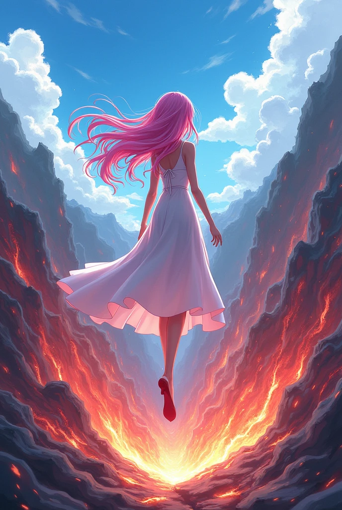 I&#39;d like an anime-style illustration of the back of the pink-haired girl in a dress who split the Earth in half with her straight punch.。