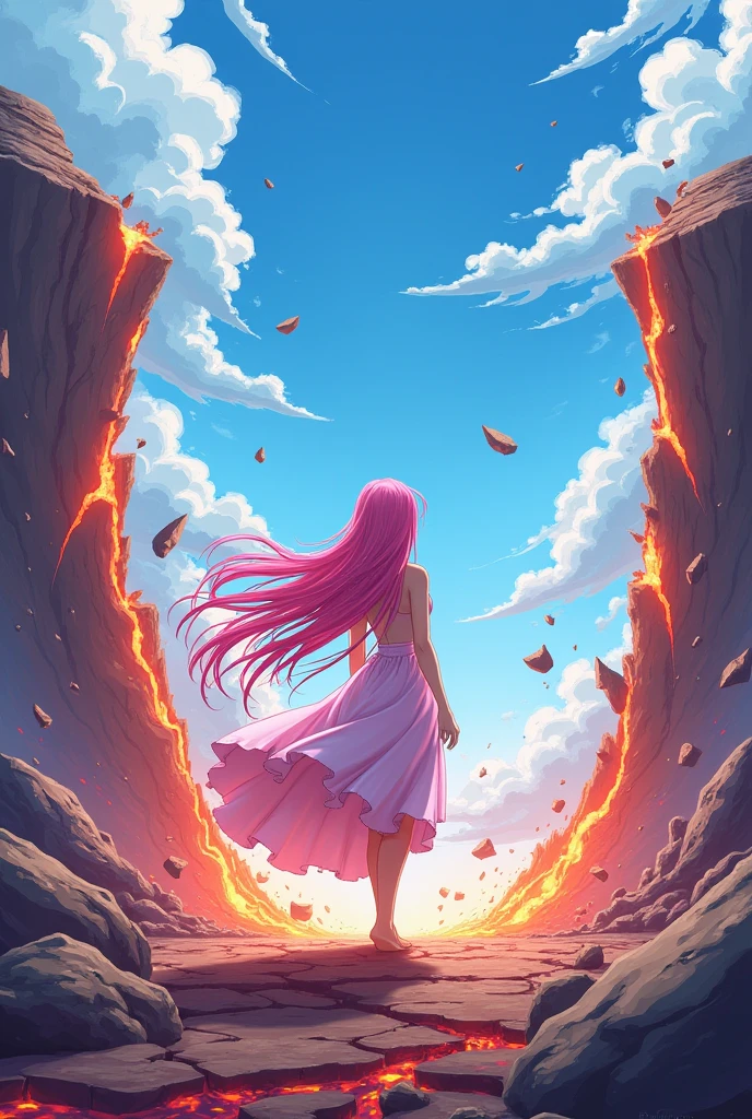 I&#39;d like an anime-style illustration of the back of the pink-haired girl in a dress who split the Earth in half with her straight punch.。