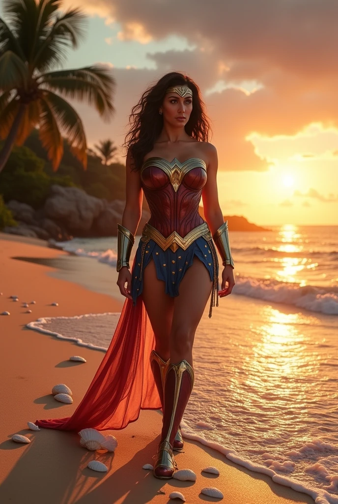 Wonder woman on the beach in wet transparent dress