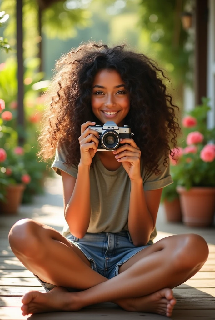 A brunette girl with curly hair and big breasts sits with her legs stretched out, taking a realistic photo
