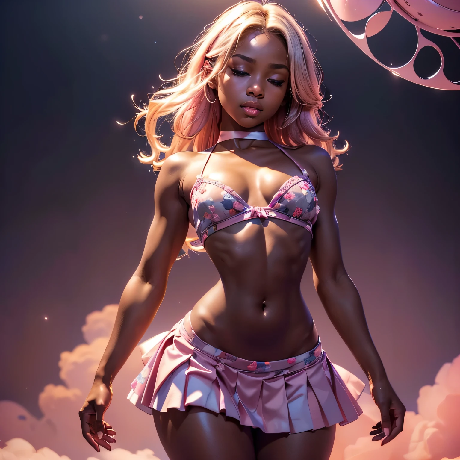 dark skin girl, blue eyes, blond hair, night time, (totally realistic), (very hot), (cleavage), (breasts), (very wide hips), (so sweet), temptation), (very round ass), ((no belly)), ((flat belly)), ((ultra thin waist)), (white pleated skirt), wide shot, (pink floral bra 1.1), (tone abs:1.0), (shoulders back:1.1), (looking at me:1.5) (Masterpiece, Professional lighting, 16k, 8k wallpaper, raw photo, photorealistic:1.8, ultra detailed, natural lighting, detailed skin sexy pose, open mouth, big lips, view from above, night time, eyes closed, pink light, steam, pink foam "good girl"