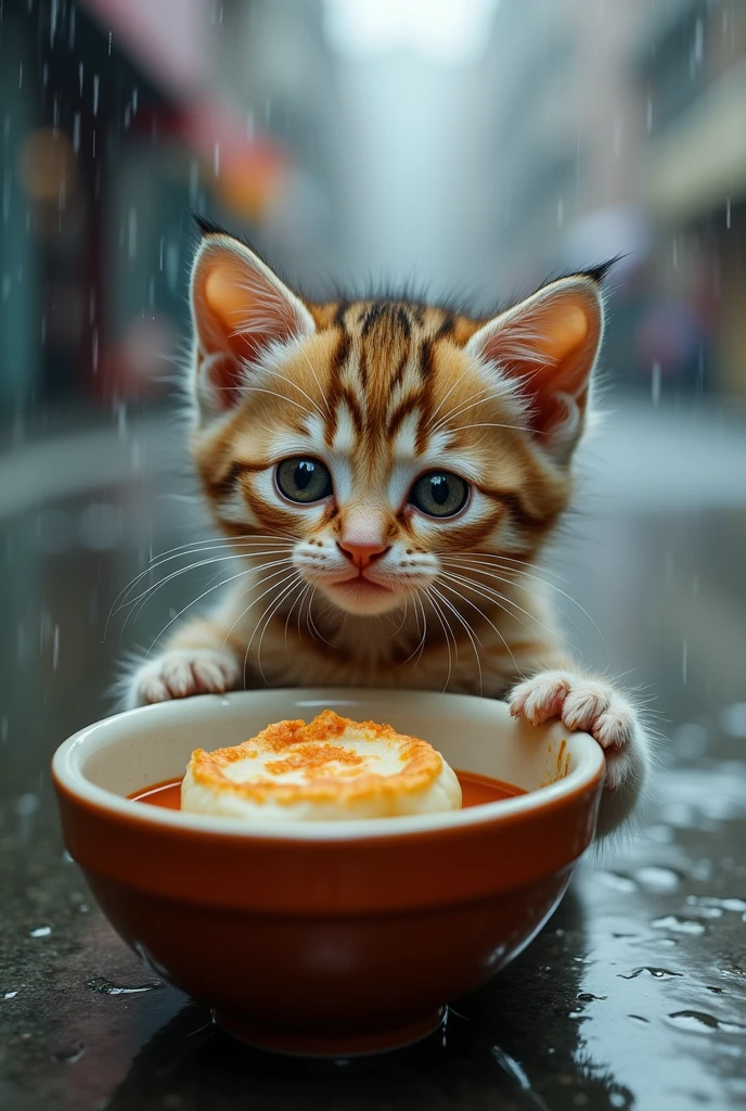 The roads in the city are raining heavily, and there is still rain on the camera. A kitten, with wet hair and a shrunken belly, was holding a broken bowl in which a Mantou was soaked by rain. The cat didn't need to look at the camera. It was shot sideways. The background is unreal and blurry, highlighting the pitiful nature of the kitten.