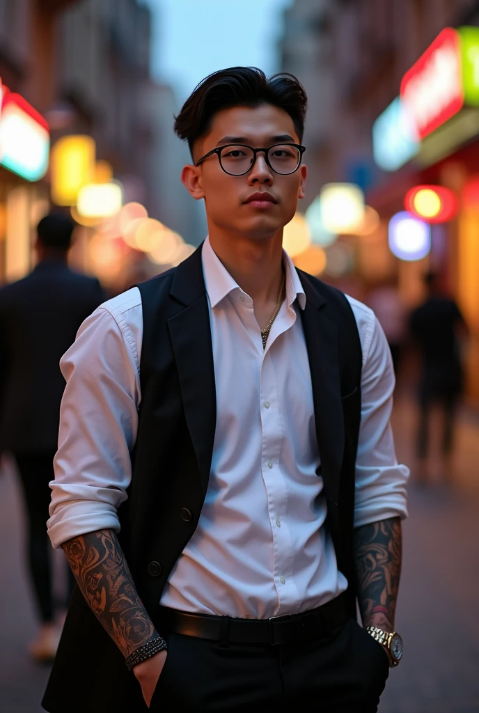19 year old male, strong bodie, wears a white dress shirt, jaket, has black hair in a modern, medium cut, slickedback hair, wears glasses and has tattoos on his arm