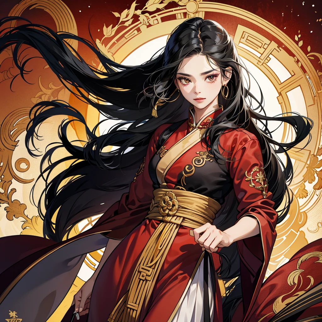 High resolution, 1 Female, alone, Hip Up, Displaying the viewer, (Detailed face), Black Hair, Long Hair, Black, red and gold Hanfu robes,Larger clothes, jewelry, Portraits during the journey