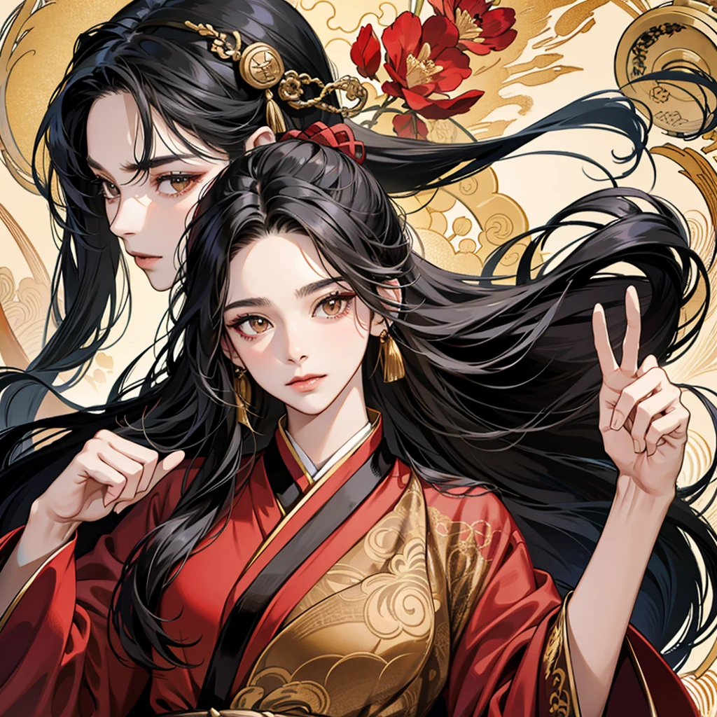 High resolution, 1 Female, alone, Hip Up, Displaying the viewer, (Detailed face), Black Hair, Long Hair, Black, red and gold Hanfu robes,Larger clothes, jewelry, Portraits during the journey