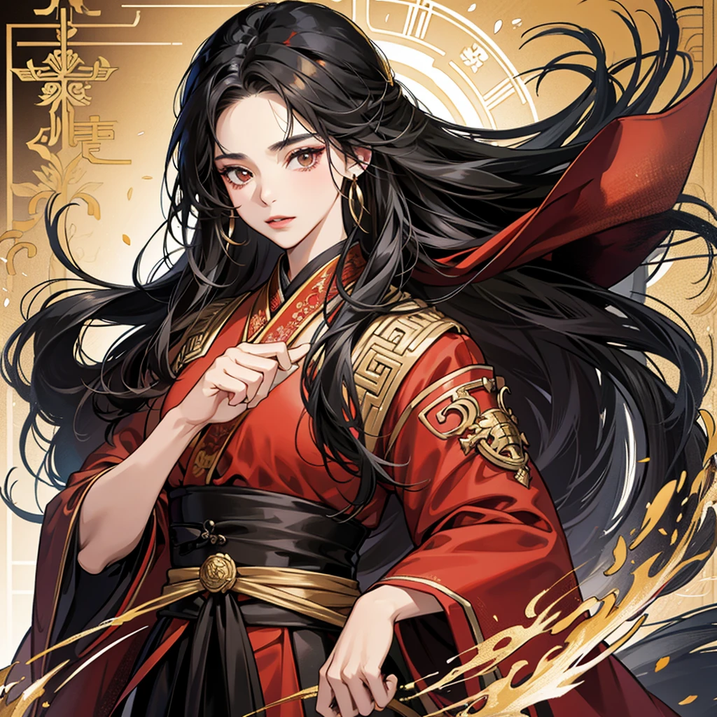 High resolution, 1 Female, alone, Hip Up, Displaying the viewer, (Detailed face), Black Hair, Long Hair, Black, red and gold Hanfu robes,Larger clothes, jewelry, Portraits during the journey
