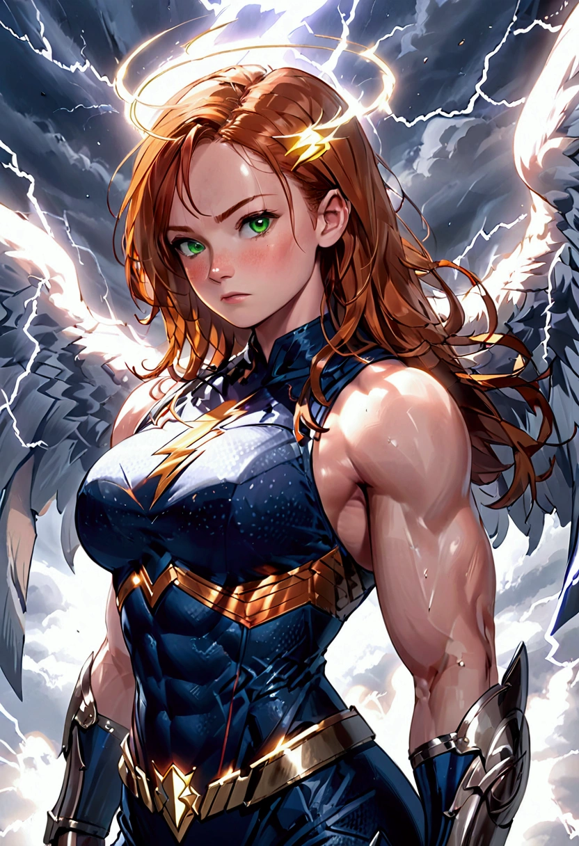 A female superhero angel (freckles on cheeks, green eyes, brown and orange hair, navy blue and silver armor), muscles ((massive biceps, huge muscles, muscular size)), ((super power lightning)) attractive woman, masterpiece, elegant, high-quality, British flag, incredible, angel wings