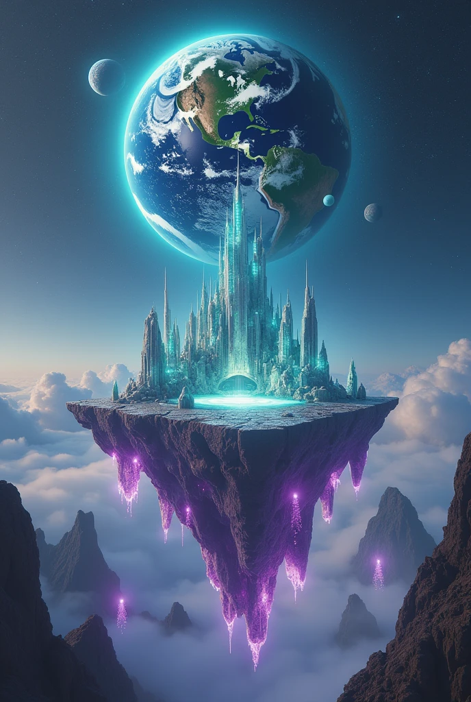 a square earth, surreal landscape, floating islands, glowing crystals, futuristic architecture, vibrant colors, dramatic lighting, (best quality,4k,8k,highres,masterpiece:1.2),ultra-detailed,(realistic,photorealistic,photo-realistic:1.37),intricate details,fantastical,cinematic lighting,volumetric fog,dynamic composition