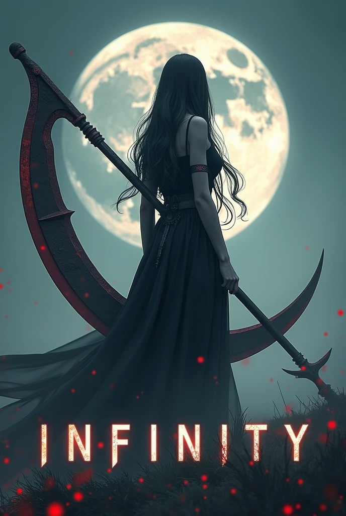 The words "INFINITY" written in large letters at the bottom of the screen, A girl wielding a huge scythe, a scythe larger than her body, ((masterpiece, highest quality, Highest image quality, High resolution, photorealistic, Raw photo, 8K)), ((Extremely detailed CG unified 8k wallpaper)), (huge stunning goddess shot, very hot and sexy, jaw-dropping beauty, perfect proportions, beautiful body, slim body beauty:1.4), A girl wielding a huge scythe, movie poster, (a huge scythe:1.5),