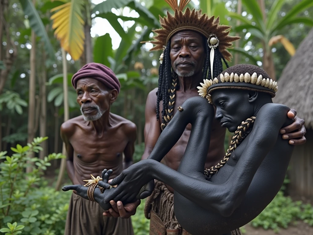 two men from a tribe, probably in Papua, Indonesia. They are outdoors, surrounded by tropical vegetation. Both are shirtless, looking elderly, and one of them wears a headdress adorned with feathers and other tribal elements. The man on the right is holding a mummy that appears to be that of an ancient tribesman. The mummy, dark-skinned and shrunken, is in the fetal position and dressed in traditional ornaments. The surrounding scenery is dense and green, revealing a tropical forest environment. The scene appears to capture a significant moment of cultural preservation.
