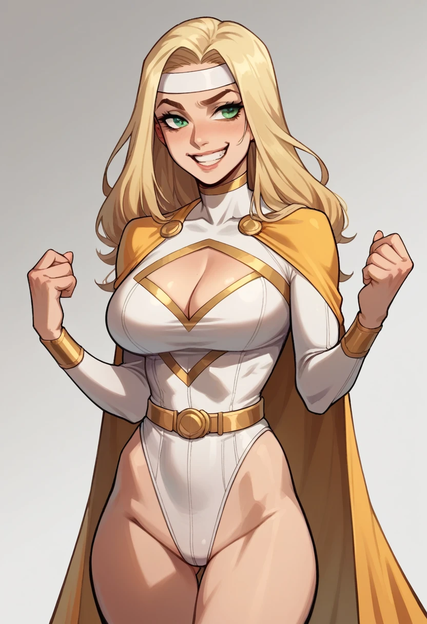 score_9, score_8_up, score_7_up, score_6_up, score_5_up, score_4_up, Sexy, Superheroine, blonde hair, green eyes, long hair, busty, ((White highleg leotard with a t-back thong)), gold belt, gold cape, thin white headband, cleavage cutout, grin, happy expression