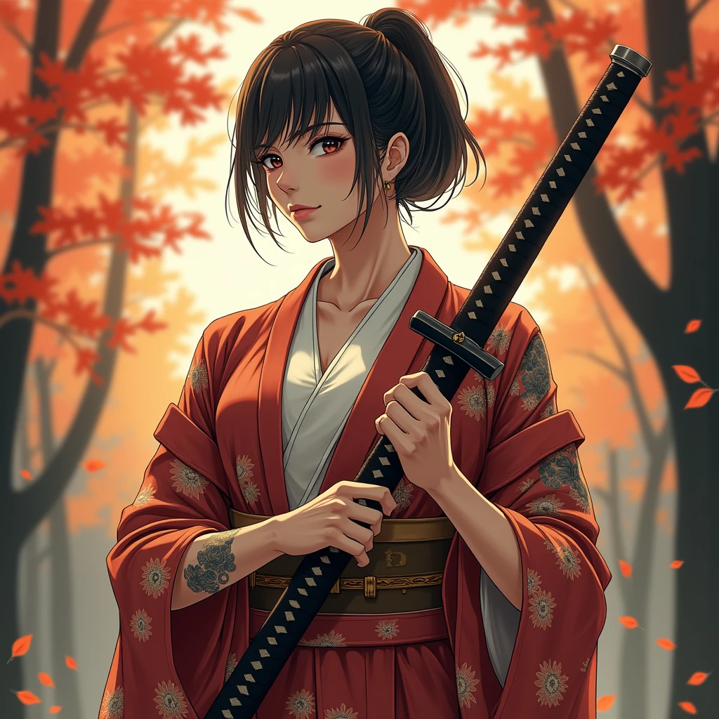 (((((roll up bandage sideways on a chest tightly to cover the chest without gaps))))), (((bandage samweways))),, ((Japanese Gangster BOSS)), adult woman with the dignified presence, Killing Qi, wear nothing around shoulder, wear nothing around neck, wear the kimono, wear it below the waist, I wind it up to control it, and to attach it, ((kimono come off)) ,wear the kimono multiple times, Bare shoulders and the clavicle, put on over jacket of kimono, (((holding a japanese sword, The handle of the sword, long sword))), low angle, whole body, anime character, off sholder, Excellent, can see both shoulder, long kimono hem, small face, big tattoo on the arm,muscular,drink sake,ultra-detailed,super beautiful,Masterpiece,Killing Qi,Intimidation, a selfish person,Ginkgo biloba pattern,Under the trees with autumn leaves,tall,Imposing,colorful kimono