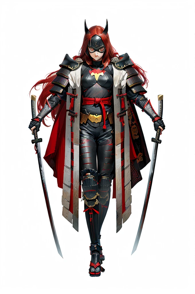 ((((1 female)))), ((long red hair)), ((sharp picture)), (((((samurai))))), one picture only, standing pose, high detail picture, 4k, high resolution picture, detail picture, ((2,5d picture)), (((((((full body character))))))), ((batwoman)), ((samurai style shoulder armor)), ((samurai style hip armor)), ((front view)), (((wearing black samurai armor))), ((her face covered with fabric))