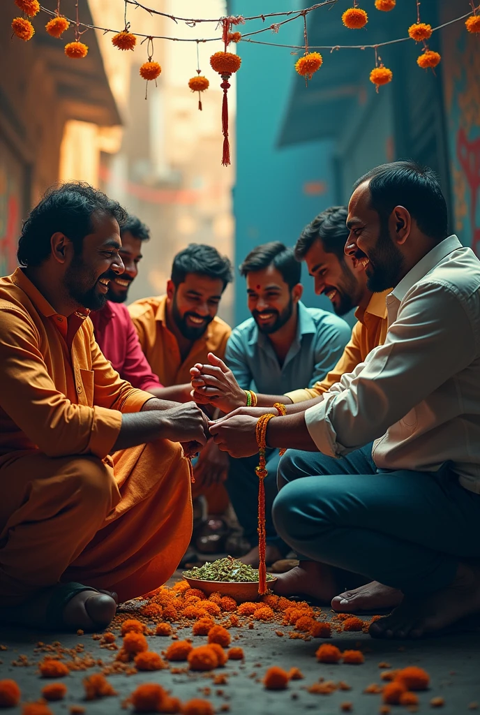 Create a split image showing men’s hypocrisy where in on one side they tie Rakhi to a women and on other they harass a women.