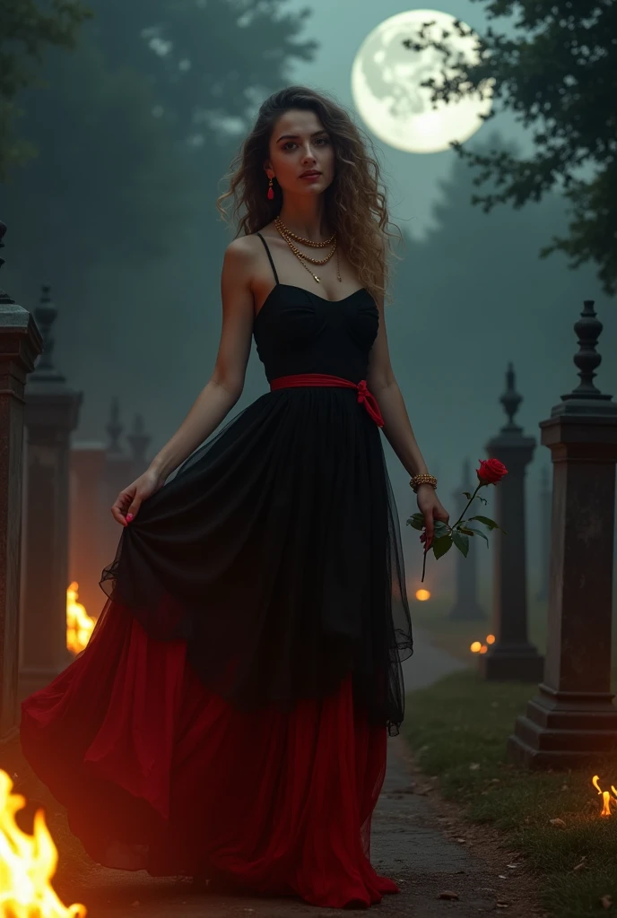 Uma mulher de 18 anos, fair skinned and light brown voluminous curly hair, black dress with red flare, A rose in her hand, black cape staring straight ahead with a simple smile, wearing red earrings and necklace, gold bracelet, walking inside the cemetery with flames of fire on the ground, full moon night