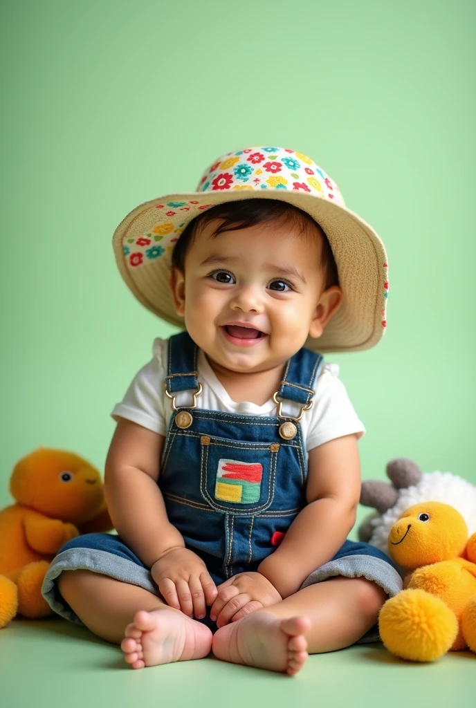 on a light green photographic background, Brazilian  poses in overalls and hat with a smile 


