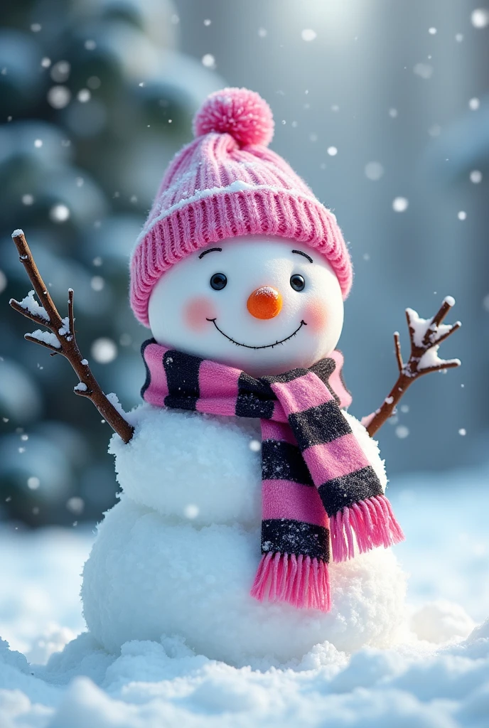 image of a snowman with a pink hat, carrot nose and a pink and black striped scarf.
