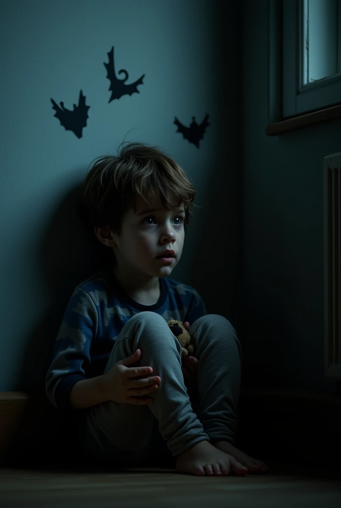 A boy sits scared in the dark