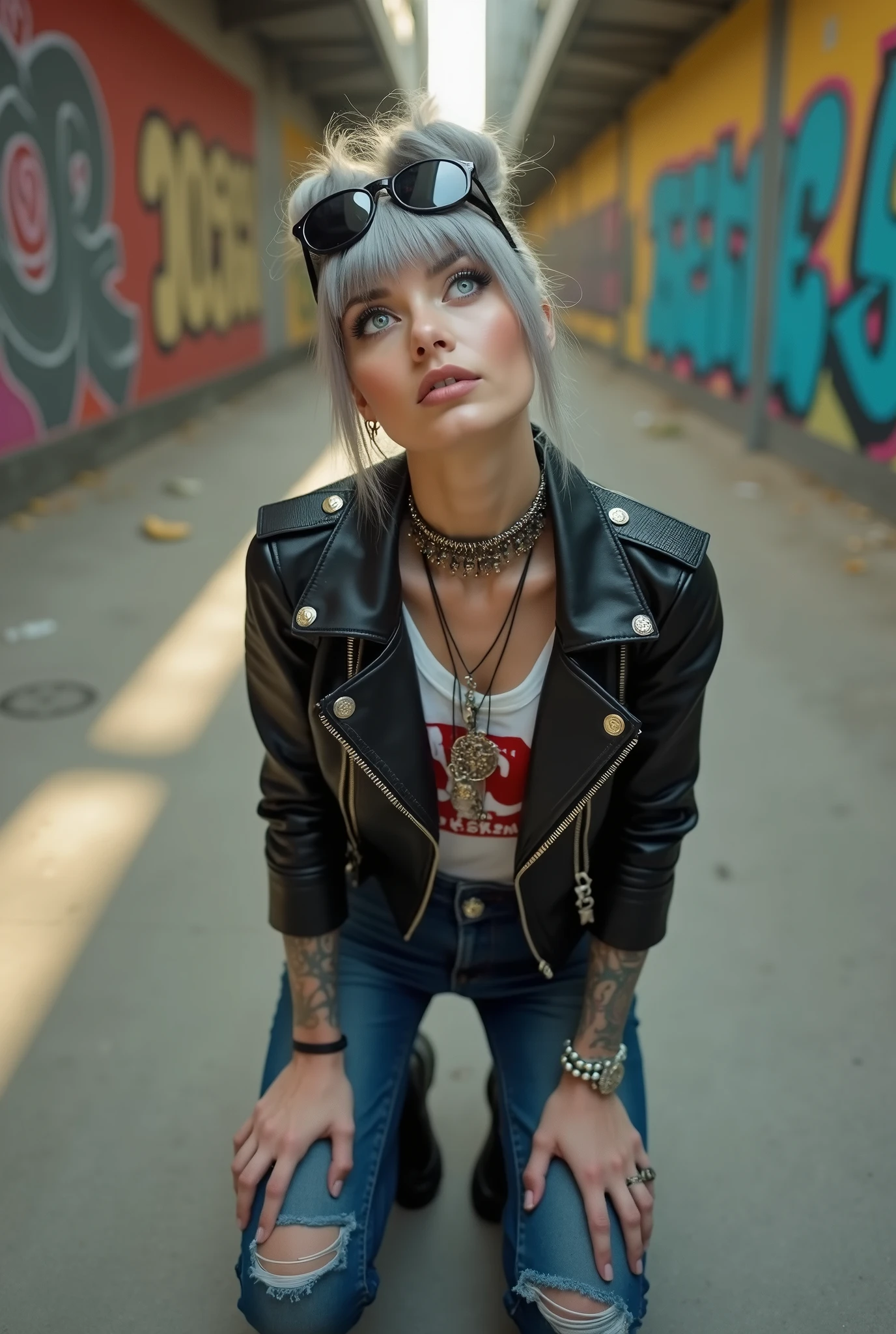 russian milf woman, grey hair (big top bun and fringe) and sunglasses as headband (big maxi sunglasses), with very light blue eyes, extremely pale. Wearing cropped black moto jacket with lots of zippers and badges on lapels, cropped t-shirt with rock band logo, dark blue jeans with holes and pointy Chelsea boots with cuban heels . Silicone breasts. Lots of metallic bracelets, long pendants and lots of collars. Tacky leather belt with oversized chanel buckle. Long earrings. Kneeling, looking up, tilted head, eyes and mouth wide open in amazement. Hands on her knees. Looking at the camera in amazement,  toned abdominals, thin legs and thin arms. tattoed