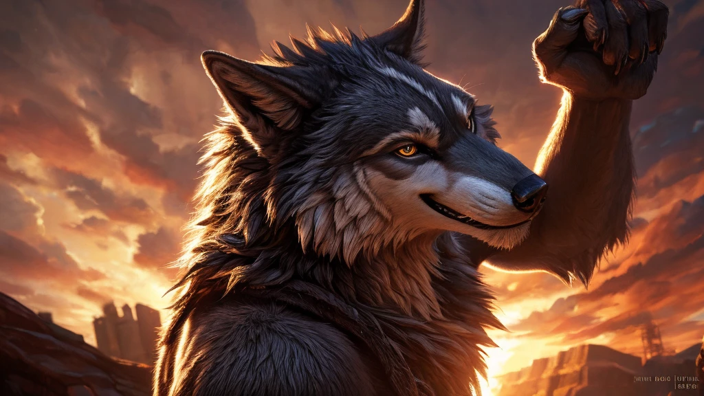 A detailed, muscular anthro wolf male with a playful smile, looking sideways, highly detailed, 8k, photorealistic, cinematic lighting, dynamic pose, textured fur, intricate anatomy, vibrant colors, dramatic shadows, masterpiece