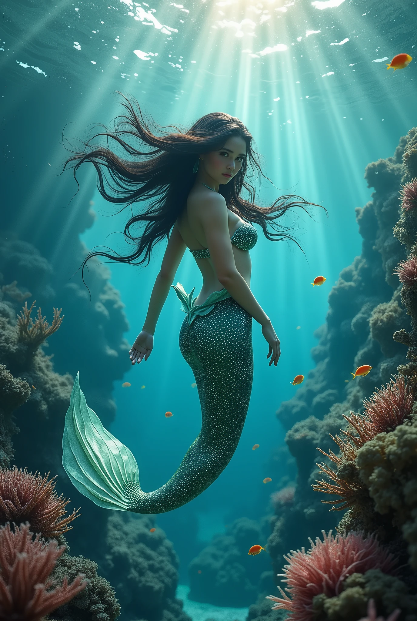 A beautiful mermaid with dark hair and light eyes