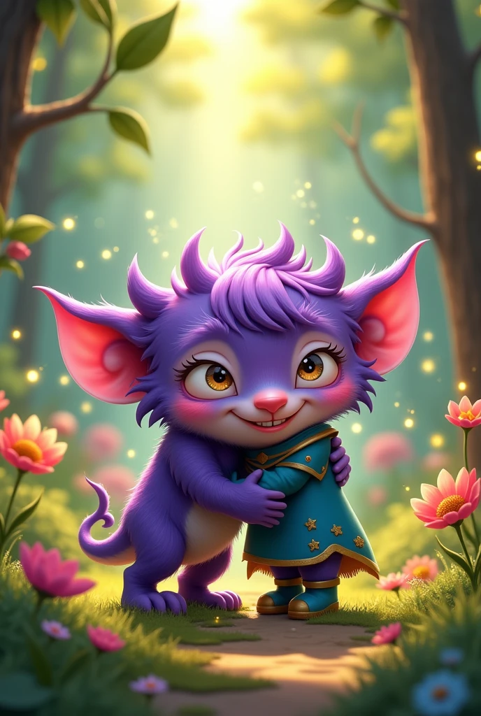 The cute little purple-haired monster is friends with the cute little hero