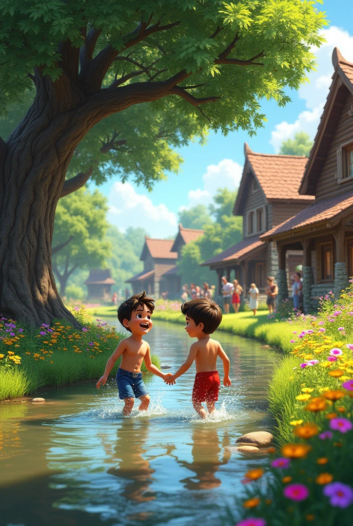 "Ali and Bruno playing near a sparkling river with the villagers watching them fondly. An ancient oak tree provides shade, and the surrounding area is filled with vibrant flowers and greenery. The village homes, made of wood and stone, add to the peaceful atmosphere."