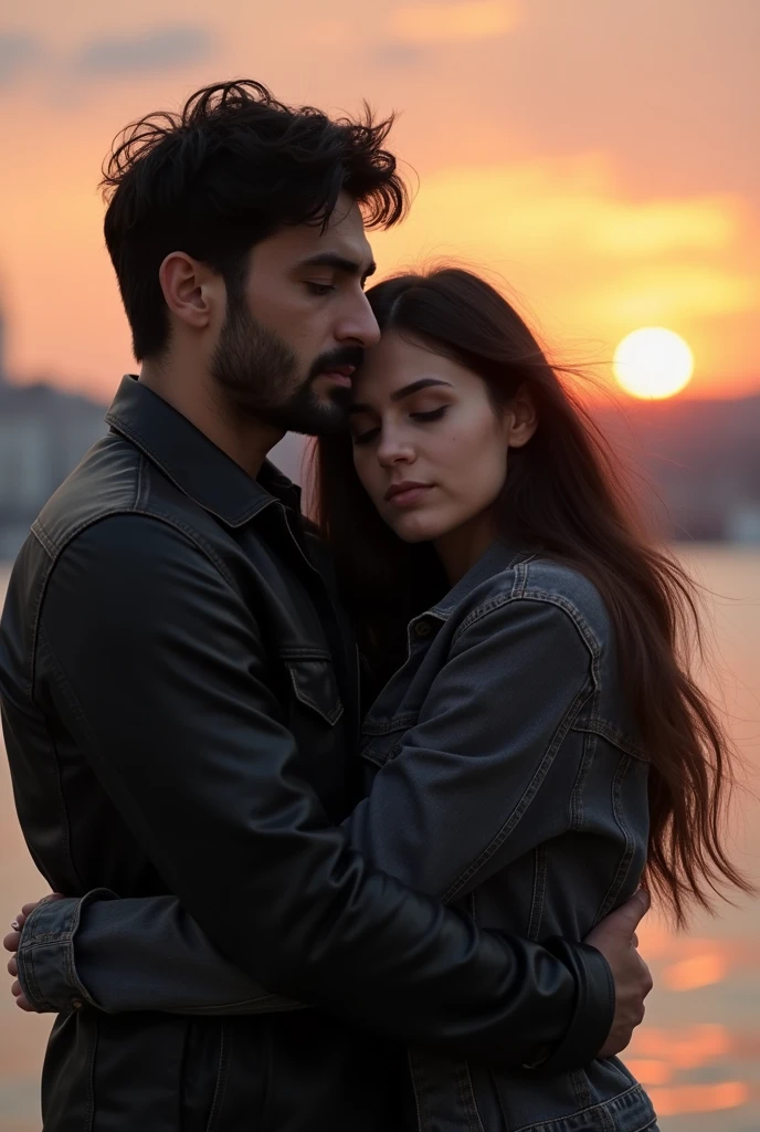 Turkish man hugging his girlfriend from backside they both look great sad but they are very beautiful beautiful