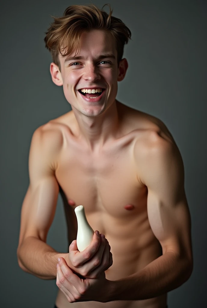 adolescent, , jovial, muscular, naked white guy showing his big thick hard penis, with a predatory look.