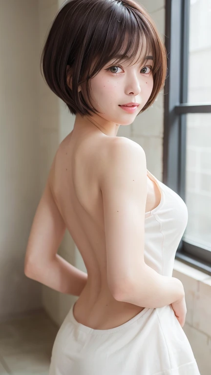 (Bob Cut Hair:1.2),(Wearing a backless dress:1.8),1 person,Japanese,21 years old,(Small breasts:1.3),(Highest quality,masterpiece:1.3,Ultra-high resolution,),(Very detailedな,Caustics),(Realistic:1.4,RAW shooting,)Ultra-Realistic Capture,Very detailed,High resolution 16K human skin closeup。 Natural skin texture、,pores、、It needs to be detailed enough to be easily identifiable。 Skin tone is even and healthy looking。 Use natural light and color, Happy expression, Looking into the camera, Perfect dynamic composition, indoor、Cleavage、freckles、Sexually aroused、You can see up to the buttocks、Raise your arms high、Beautiful shoulder blade、Leaning against a wall、blush