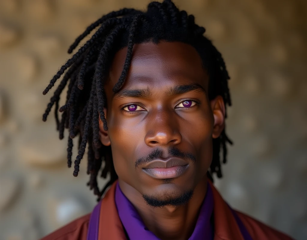 headshot of a very tall French-Nubian featured male model, relaxed waves parted to the side hair, toned body, ebony skin, vibrant purple eyes, tall thin toned body. Kind expression. Wearing brown and purple clothes.