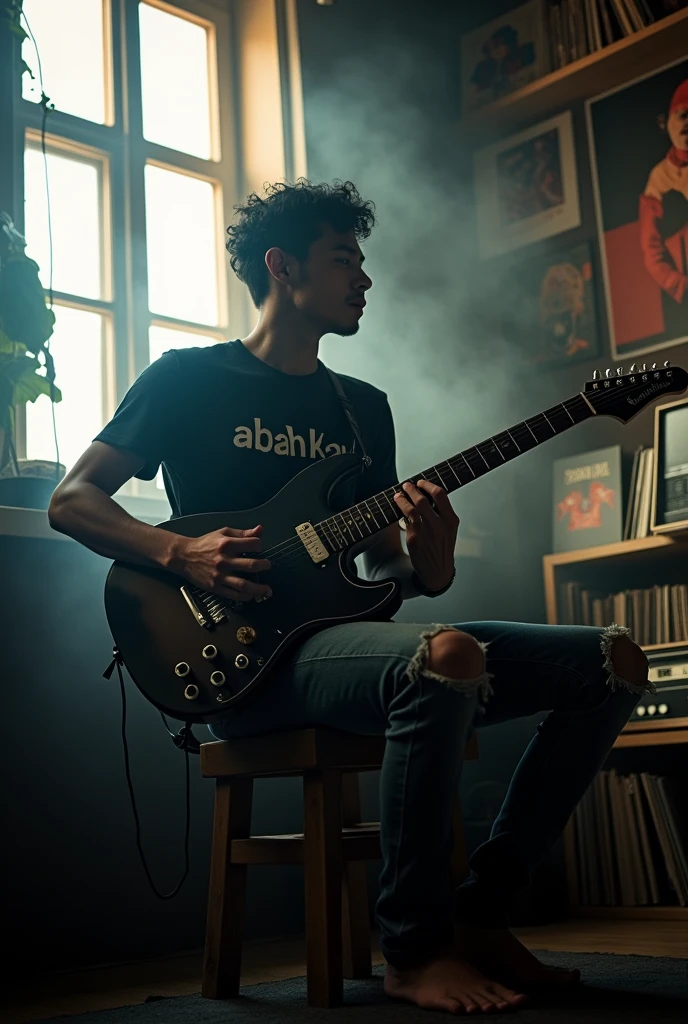 (photorealism:1.2) realistic high detailed definition  male wearing black shirt wrote abah kau  with tears jeans on knee playing Gibson guitar sg flying v model at dark room smoke effect  sunlight silhouette from window marshall guitar amplifier poster rock band on wall racl full of vinyl records radio player