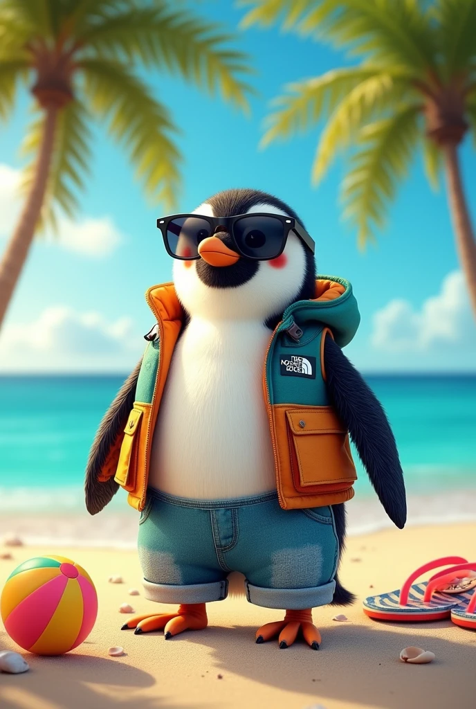 Image of a penguin dressed in jean shorts, a North Face vest and black Adidas Superstar shoes