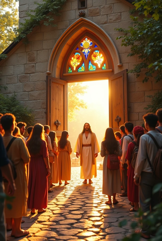 Jesus with young people entering the church