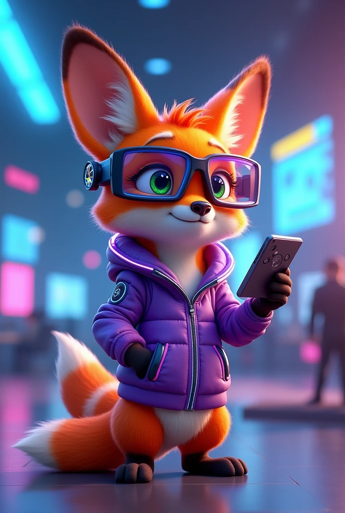 Create a 3D Disney Pixar style young fox named Fluffy, with a look focused on the technology section. She should have vibrant orange fur with white spots on her belly and paws., with big, expressive eyes and cute ears. Cute must be dressed and equipped with modern technological accessories: vestimentas: A futuristic purple jacket with neon accents, perhaps with illuminated panels or digital graphics, for a modern and technological look. Accessories to be included: A pair of augmented reality glasses (midair) with a futuristic design and bright lenses. A high-end smartwatch with a holographic display and a silver metal strap. A stylish wireless headset, featuring a sleek and modern design. A small portable technology device, como um tablet ou um gadget de alto-tech, that she may be holding or using. A pair of sneakers with built-in LED, that light up or flash for a technological effect. Fofinha must have a posture that suggests interaction with technology, como ajustando os óculos midair ou mexendo em um gadget. The background should be a futuristic and technological environment, like a modern office with digital panels or a high-tech control room, capturing the essence of innovation and technology.

Showing the tennis