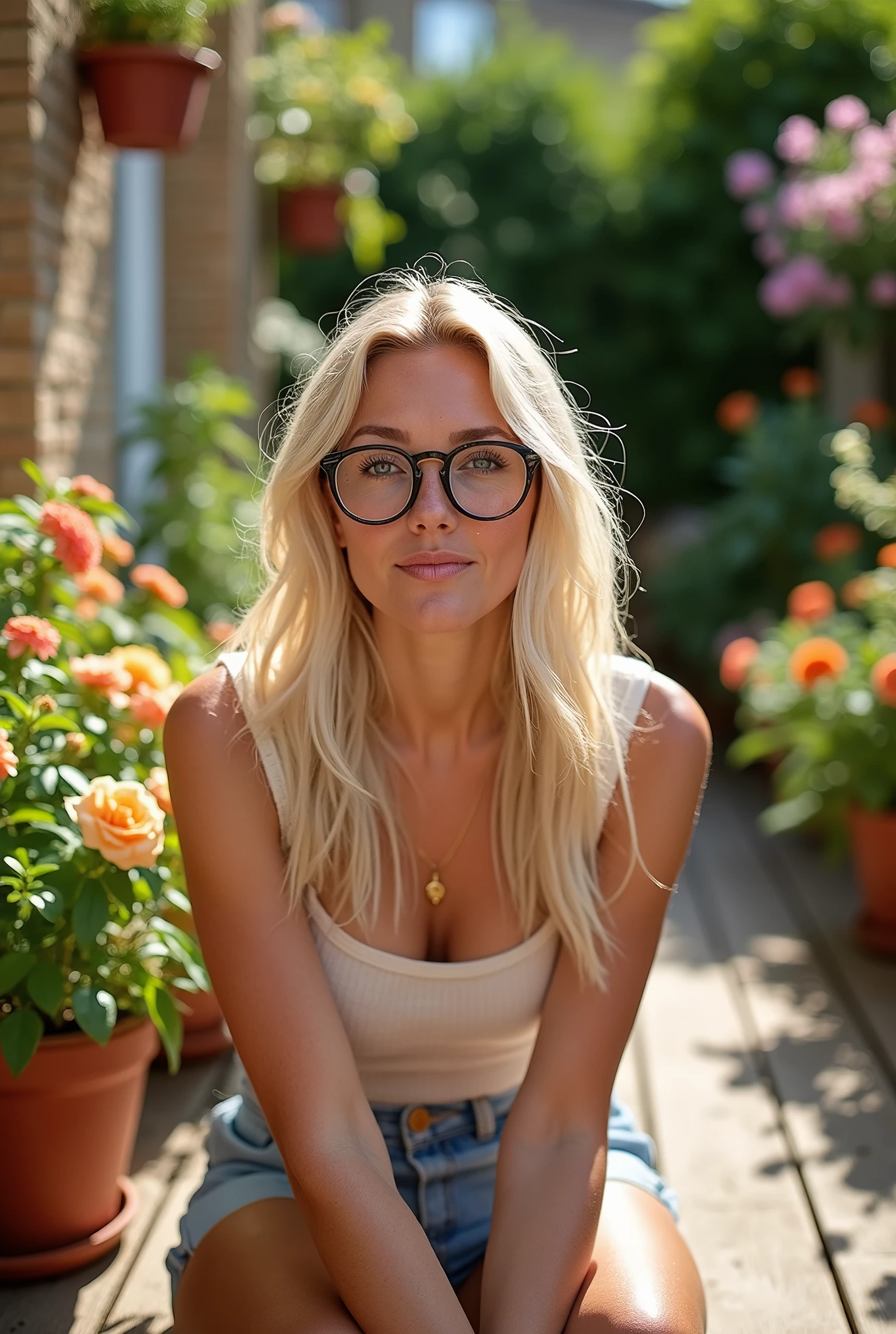 create an influencer,blonde hair,Scandinavian,light eyes,light need skin,spotty,at home in the garden on the terrace,with glasses