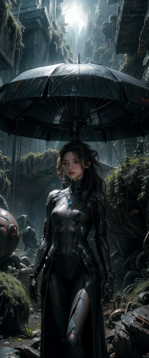 ((masterpiece, highest quality, Highest image quality, High resolution, photorealistic, Raw photo, 8K)), Ultra Wide Angle, Alien Landscap, A female stands next to an Alafedro robot on top of a hill, influenced by Stefan Koidl's background of discarded mechas. The art created by Craig Mullins, specifically in the style of Craig Mullins' Necro, portrays a detailed and futuristic science fiction scene. The emphasis is on SF concept art, It is being attacked by tentacled aliens, The overall lighting captures the essence of concept art in films,