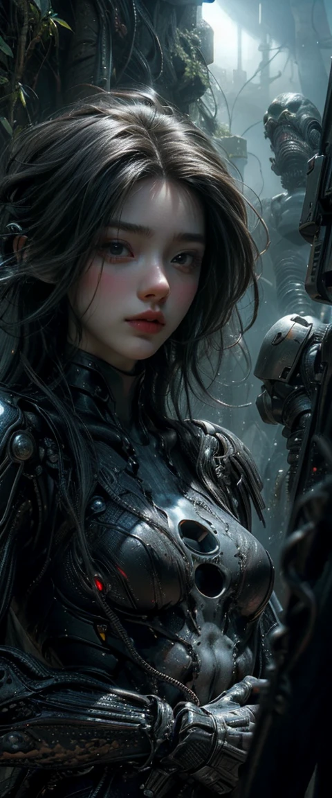 ((masterpiece, highest quality, Highest image quality, High resolution, photorealistic, Raw photo, 8K)), Ultra Wide Angle, Alien Landscap, A female stands next to an Alafedro robot on top of a hill, influenced by Stefan Koidl's background of discarded mechas. The art created by Craig Mullins, specifically in the style of Craig Mullins' Necro, portrays a detailed and futuristic science fiction scene. The emphasis is on SF concept art, It is being attacked by tentacled aliens, The overall lighting captures the essence of concept art in films,