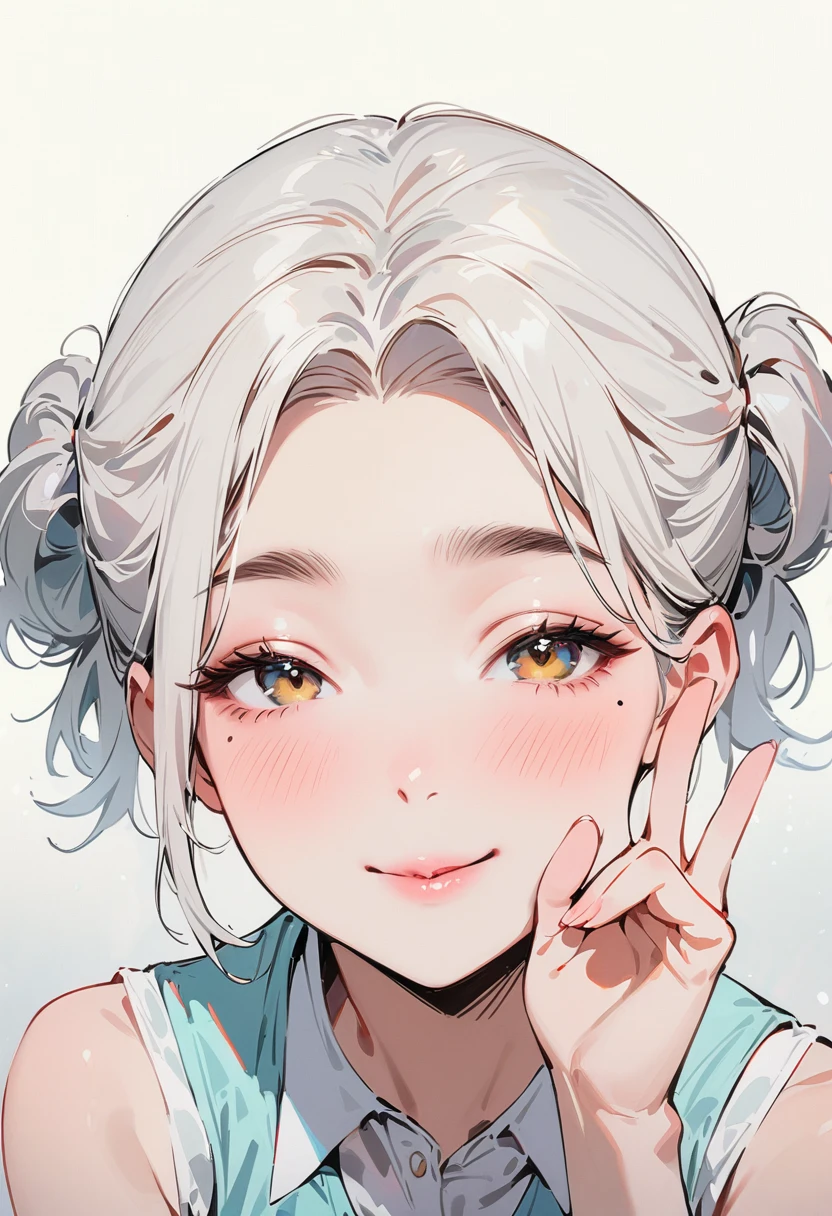 (masterpiece, best quality:1.4), 1 girl, 独奏, Black and white filter, Desaturate, Star pupil, Blurred eyes, Close your left eye, Smile, Look up and down, Fox gesture, Right tear mole, (Double ponytail hairstyle:1.2), large breasts, Mini Girls, Vest, Black and white gradient background.