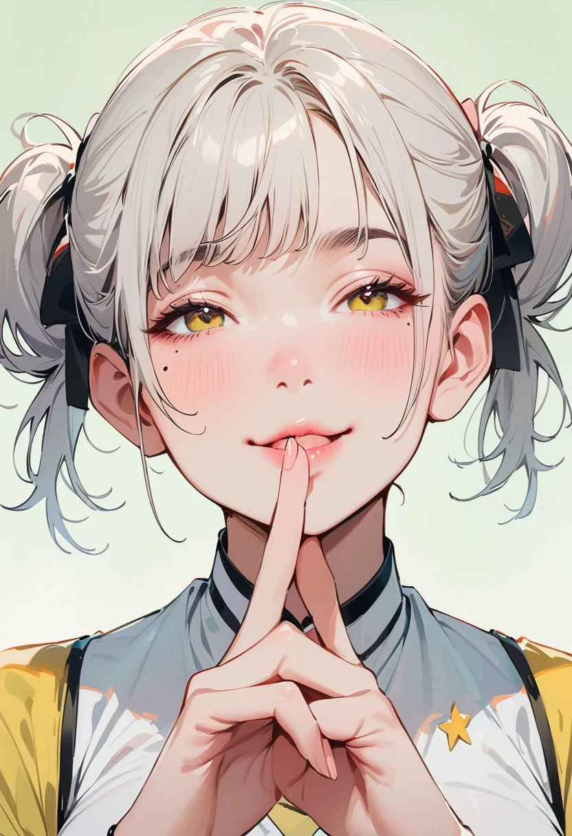 (masterpiece, best quality:1.4), 1 girl, 独奏, Black and white filter, Desaturate, Star pupil, Blurred eyes, Close your left eye, Smile, Look up and down, Fox gesture, Right tear mole, (Double ponytail hairstyle:1.2), large breasts, Mini Girls, Vest, Black and white gradient background.
