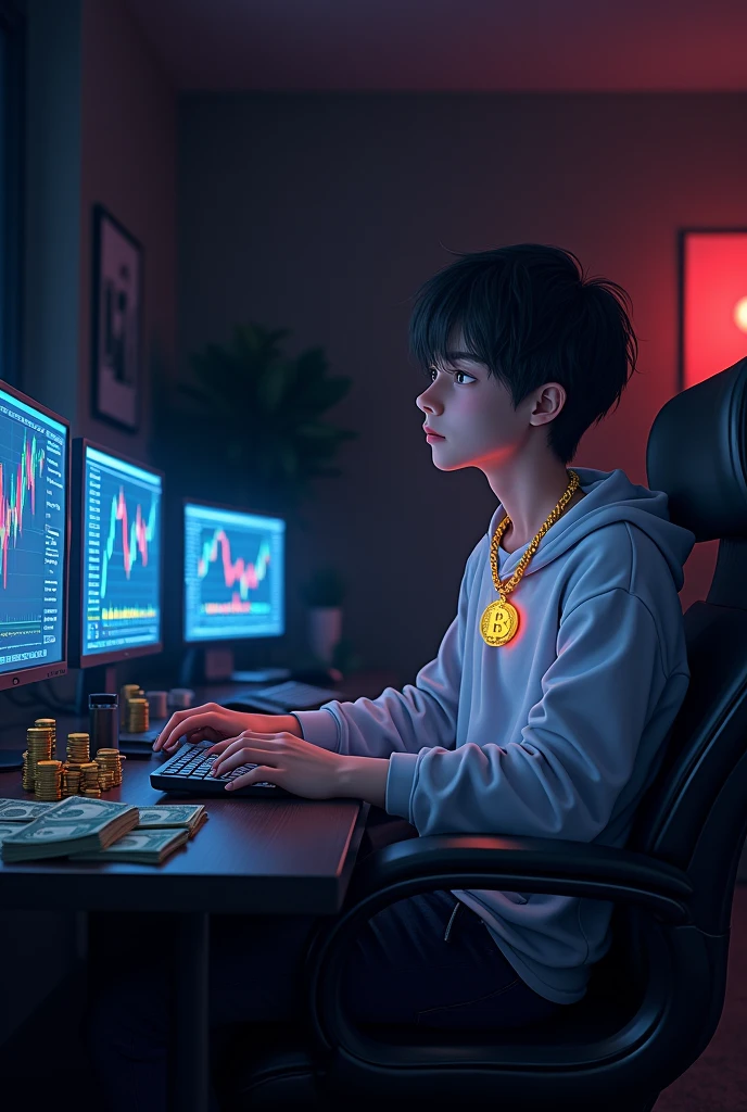 A 20 years anime boy sitting on a Comfortable chair comfortably and looks in front with bitcoin chain gold chain, well furnished dark room, computer left,behind, and right side with the view of trading chart and many doller and coins on the table.