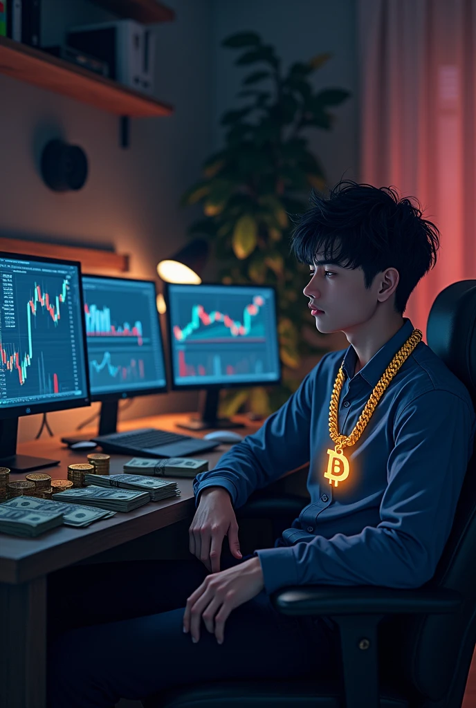 A 20 years anime boy sitting on a Comfortable chair comfortably and looks in front with bitcoin chain gold chain, well furnished dark room, computer left,behind, and right side with the view of trading chart and many doller and coins on the table.