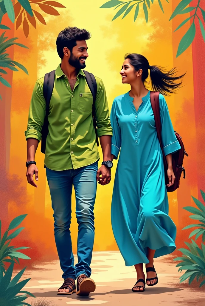 Generate an animated image of A man and women in their 20s . A man with green shirt and a watch and a women with blue kurta with low ponytail and a backpack on one side walking together with a collage background
